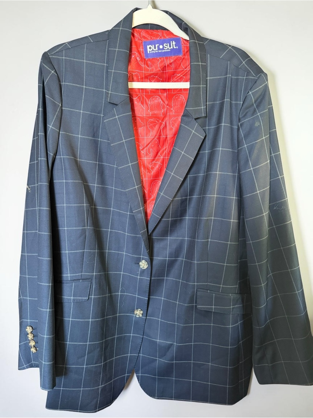 Pursuit Navy Windowpane Sport Coat Blazer Men’s Tailored Jacket Red Lining